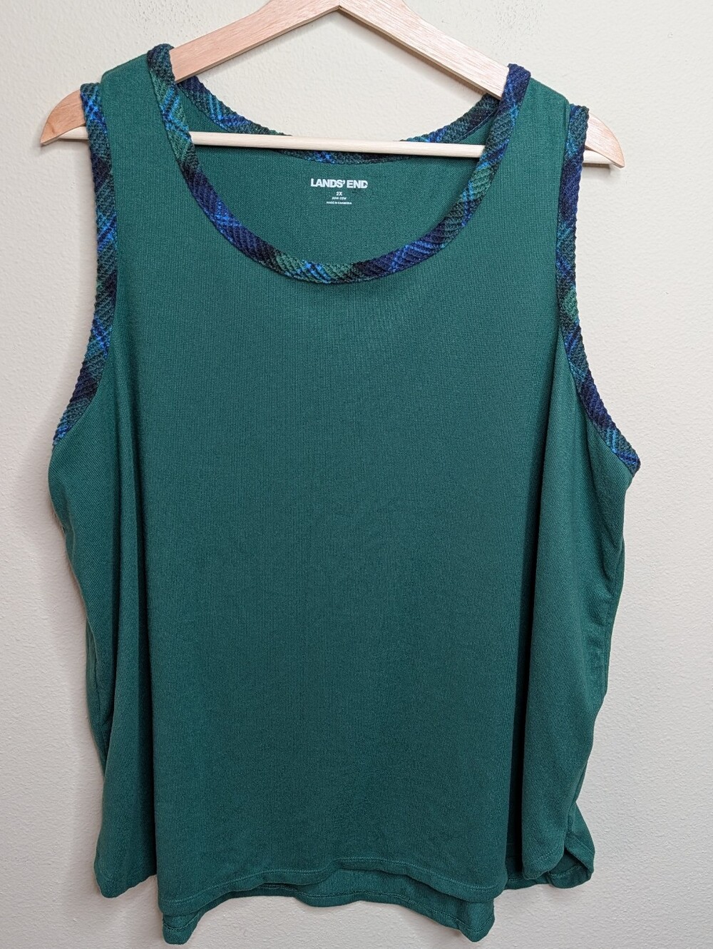 Lands' End Green Plaid Trim Sleeveless Tank Top 2X 20W 22W‎